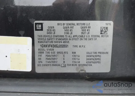 2016 Chevrolet Traverse Ls из США, поврежденный, VIN 1GNKVFKD8GJ202691